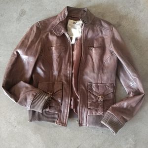 Lucky Brand Leather Bomber Moto Jacket Brown SM